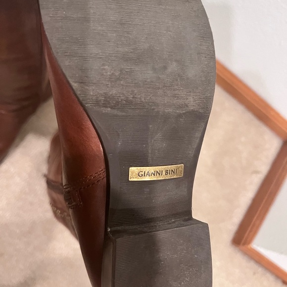 Gianni Bini Tall Brown Leather Boots Studded MotoWoven Shaft Riding Fall Style - Picture 10 of 14